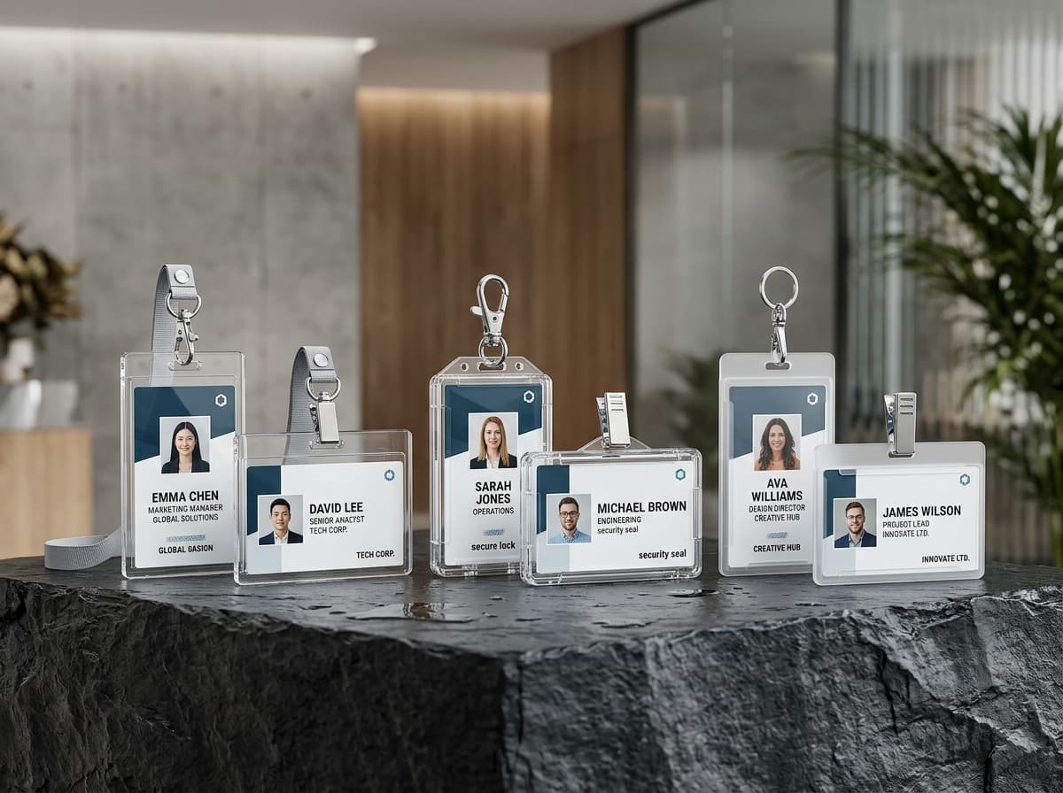 Crystal Clear Hard Acrylic and Polycarbonate ID Card Badge Holders with Chrome Clips