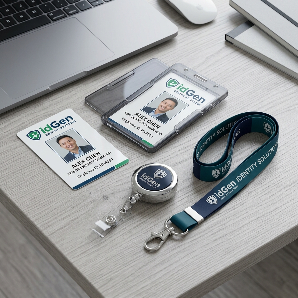 Complete Modular Wearable ID Kit Complete modular corporate wearable set with ID card, holder, retractable reel and custom lanyard by IDGen