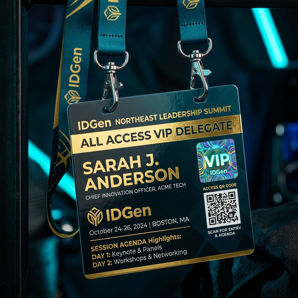 Dual-Hook Anti-Twist Configuration IDGen dual chrome swivel hooks for wide conference badges and VIP event passes
