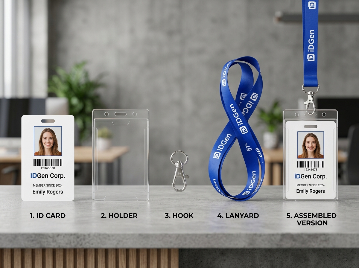 IDGen Complete Identification Modular Breakdown Complete ID card identification set breakdown: ID Card, Holder, Hook, Lanyard, and Assembled Set