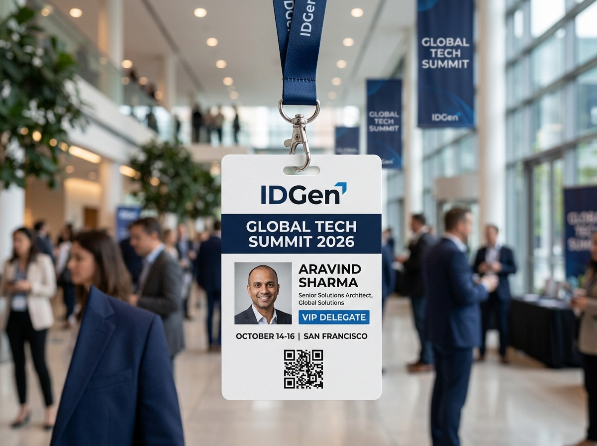 Large format event card and VIP summit badge specifications