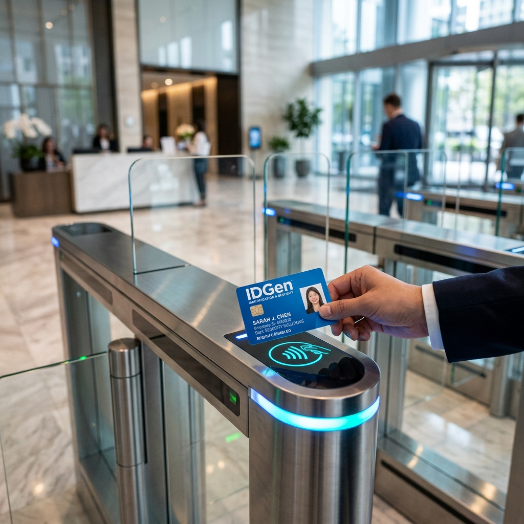 Instant Turnstile & Attendance Sync IDGen RFID smart card tapping against high-speed corporate turnstile access reader