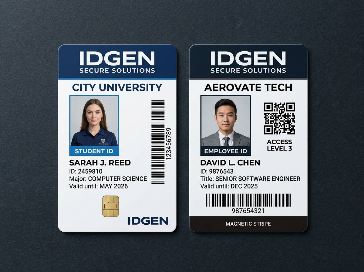RFID / NFC Smart Campus Badges Contactless RFID and NFC smart chips embedded in 30-mil PVC cards by IDGen
