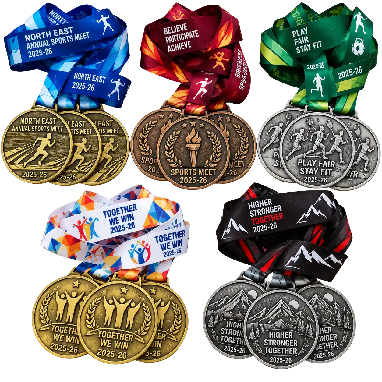Custom Zinc Medals 3D Die-Cast Zinc Medals in Antique Gold, Silver and Bronze with Satin Ribbons